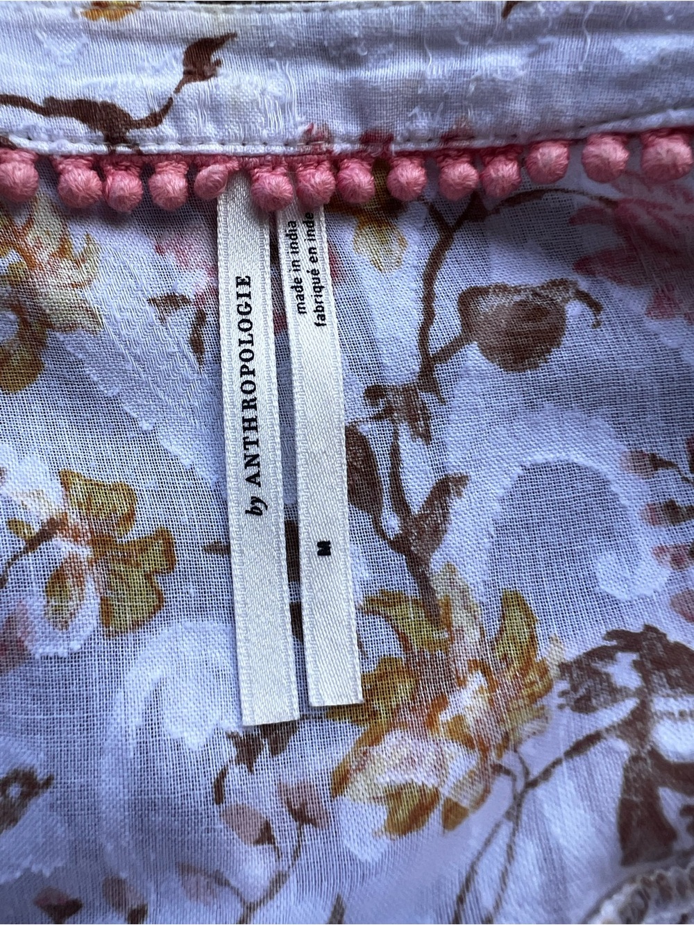 Anthropologie White Floral Lace-Trim Button Blouse with Pink & Mustard Flowers - Picture 3 of 3